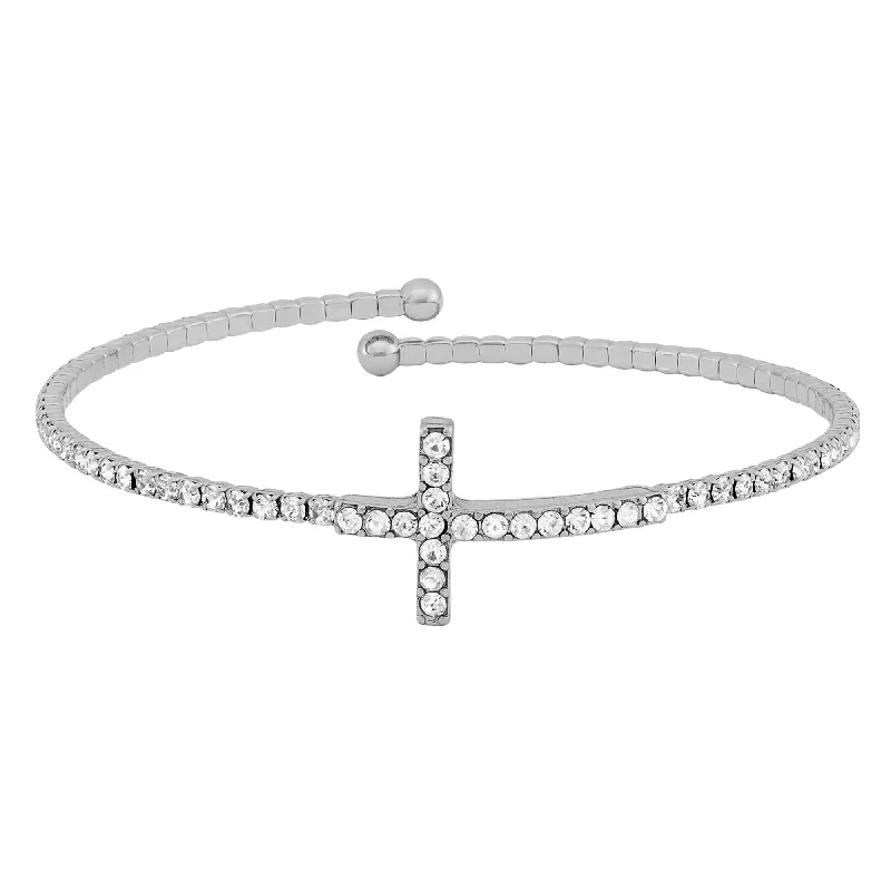 Silver-tone Base Metal Round Crystal Cross Flexible Bangle Bracelet