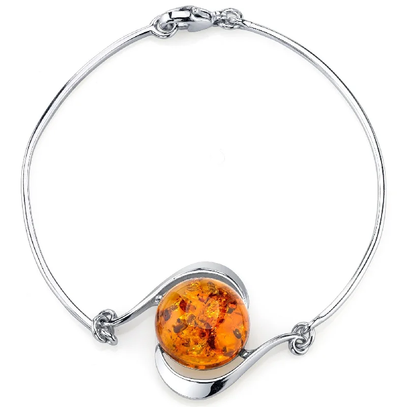 Sterling Silver Baltic Amber Solitaire Bangle Bracelet, 7.5"