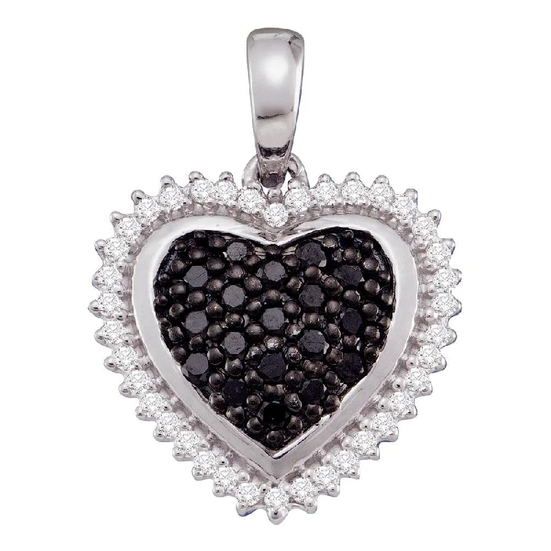 10k White Gold Black Color Enhanced Diamond Womens Cluster Framed Heart Pendant 1/3 Cttw