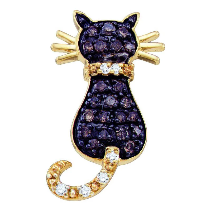 10k Yellow Gold Brown Diamond Kitty Cat Womens Pendant 1/3 Cttw