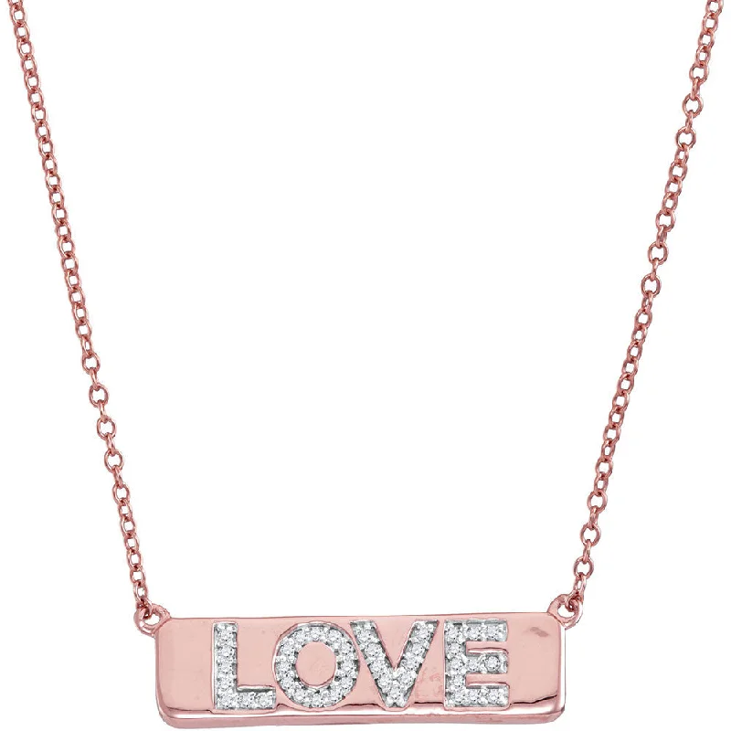 10kt Rose Gold Womens Round Diamond Pink Love Bar Pendant Necklace with 18" Chain 1/8 Cttw