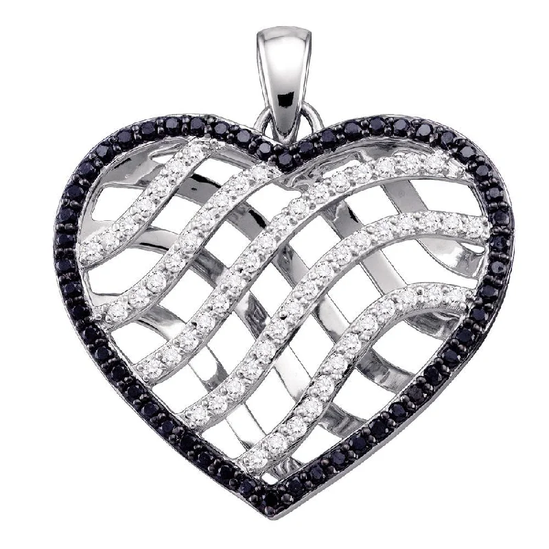 10kt White Gold Womens Round Black Color Enhanced Diamond Lattice Heart Pendant 1 Cttw