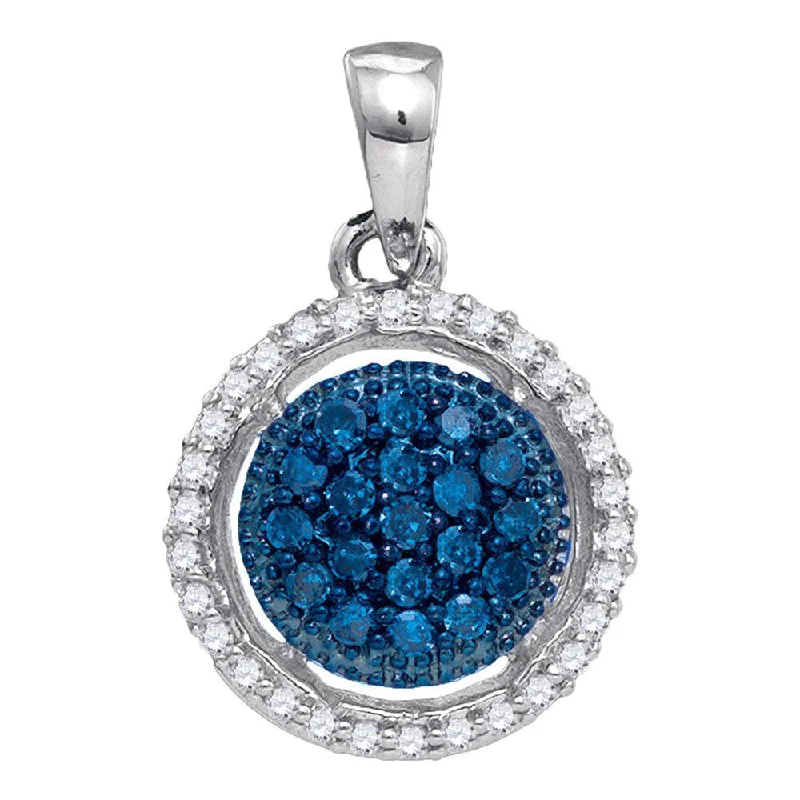 10kt White Gold Womens Round Blue Color Enhanced Diamond Circle Cluster Pendant 1/5 Cttw