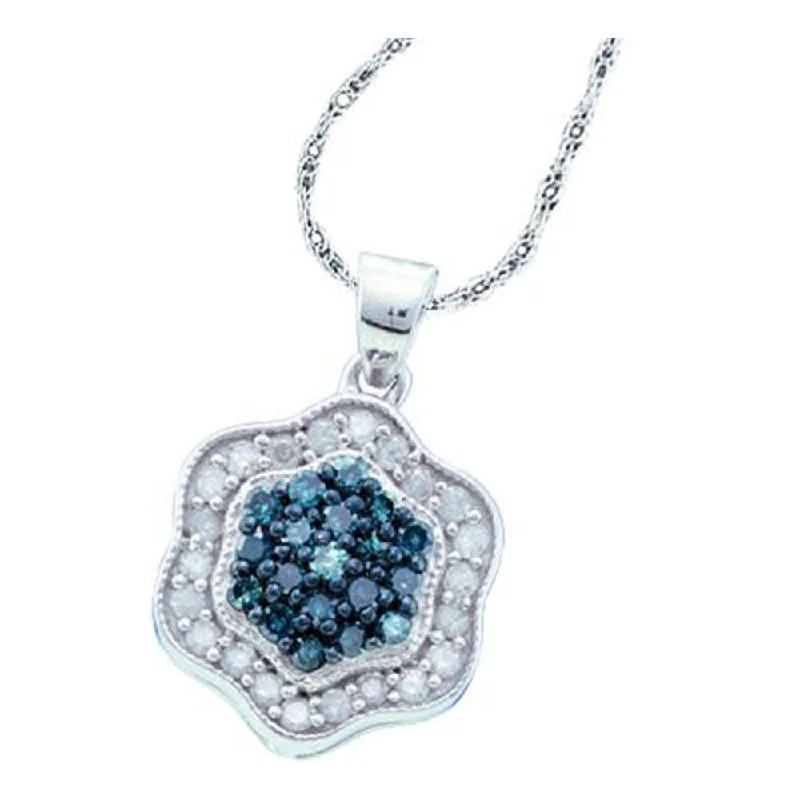 10kt White Gold Womens Round Blue Color Enhanced Diamond Cluster Pendant 1/2 Cttw