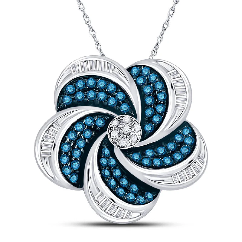 10kt White Gold Womens Round Blue Color Enhanced Diamond Pinwheel Cluster Pendant 1/2 Cttw