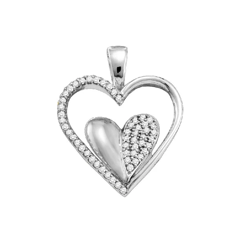 10kt White Gold Womens Round Diamond Double Cradled Heart Pendant 1/5 Cttw