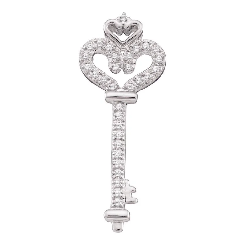 10kt White Gold Womens Round Diamond Heart Handle Key Love Pendant 1/10 Cttw