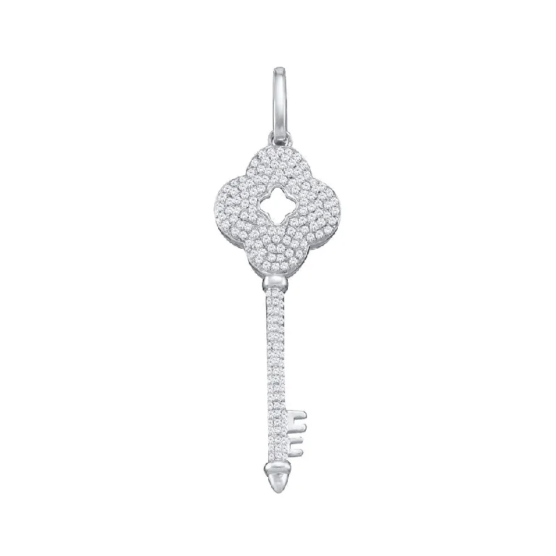 10kt White Gold Womens Round Diamond Quatrefoil Key Pendant 1/2 Cttw