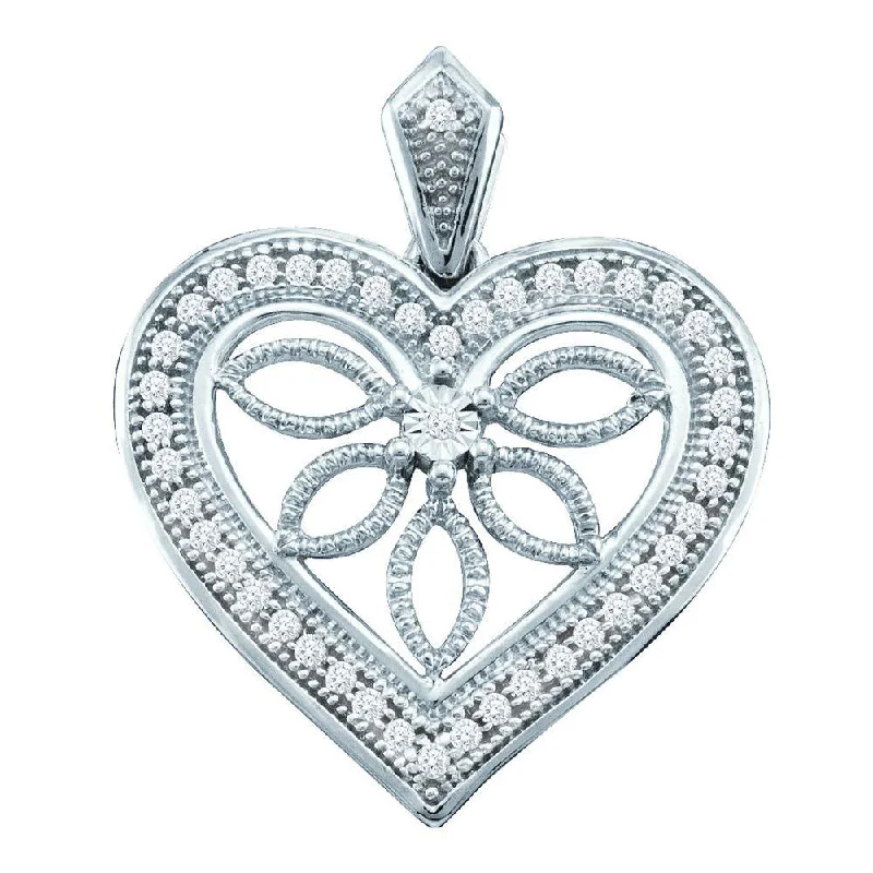 10kt White Gold Womens Round Diamond Vintage-style Heart Outline Pendant 1/10 Cttw