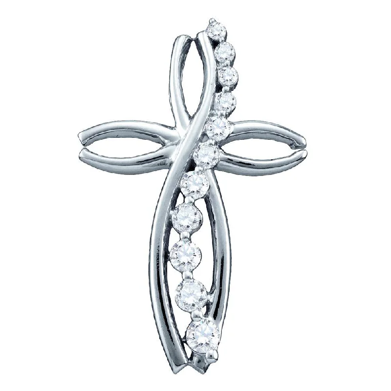 10kt White Gold Womens Round Pave-set Diamond Journey Cross Religious Pendant 1/4 Cttw