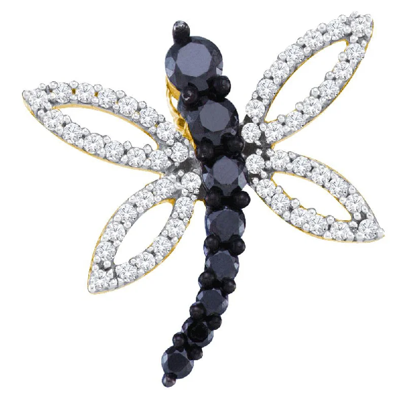 10kt Yellow Gold Womens Round Black Color Enhanced Diamond Dragonfly Pendant 1/2 Cttw