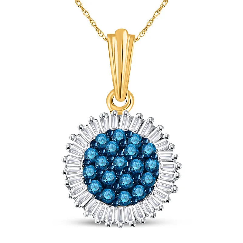 10kt Yellow Gold Womens Round Blue Color Enhanced Diamond Cluster Pendant 1/2 Cttw