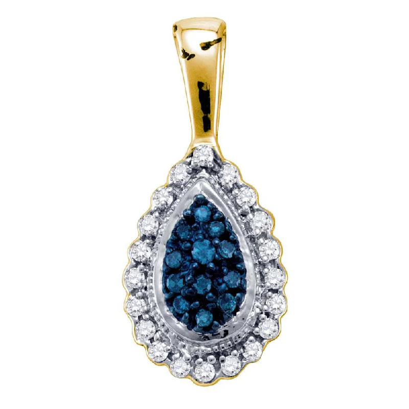 10kt Yellow Gold Womens Round Blue Color Enhanced Diamond Teardrop Pendant 1/6 Cttw