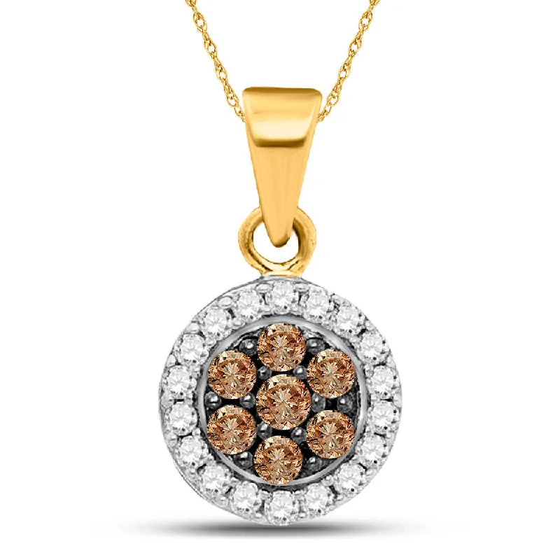 10kt Yellow Gold Womens Round Brown Diamond Framed Flower Cluster Pendant 3/8 Cttw