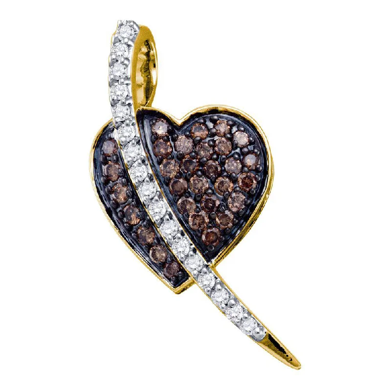 10kt Yellow Gold Womens Round Brown Diamond Heart Pendant 1/2 Cttw