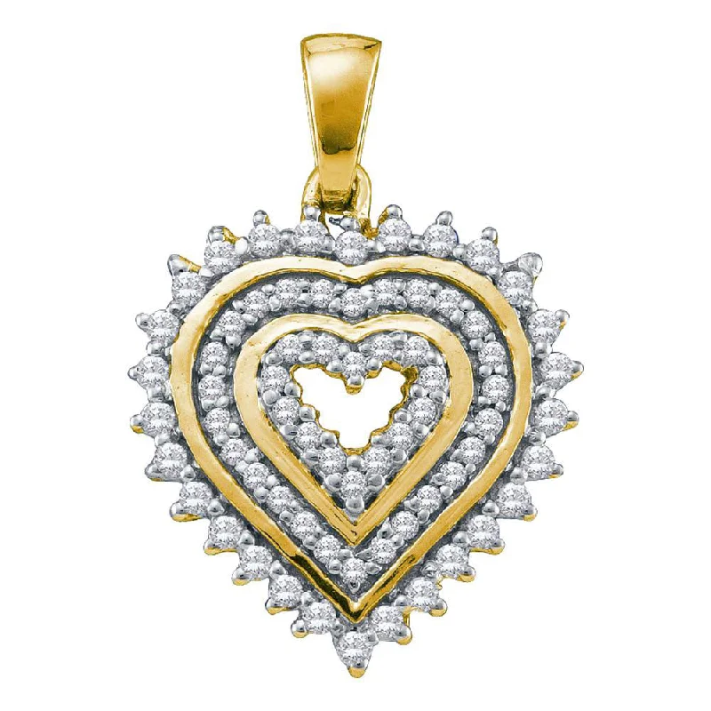 10kt Yellow Gold Womens Round Diamond Concentric Heart Pendant 1/3 Cttw