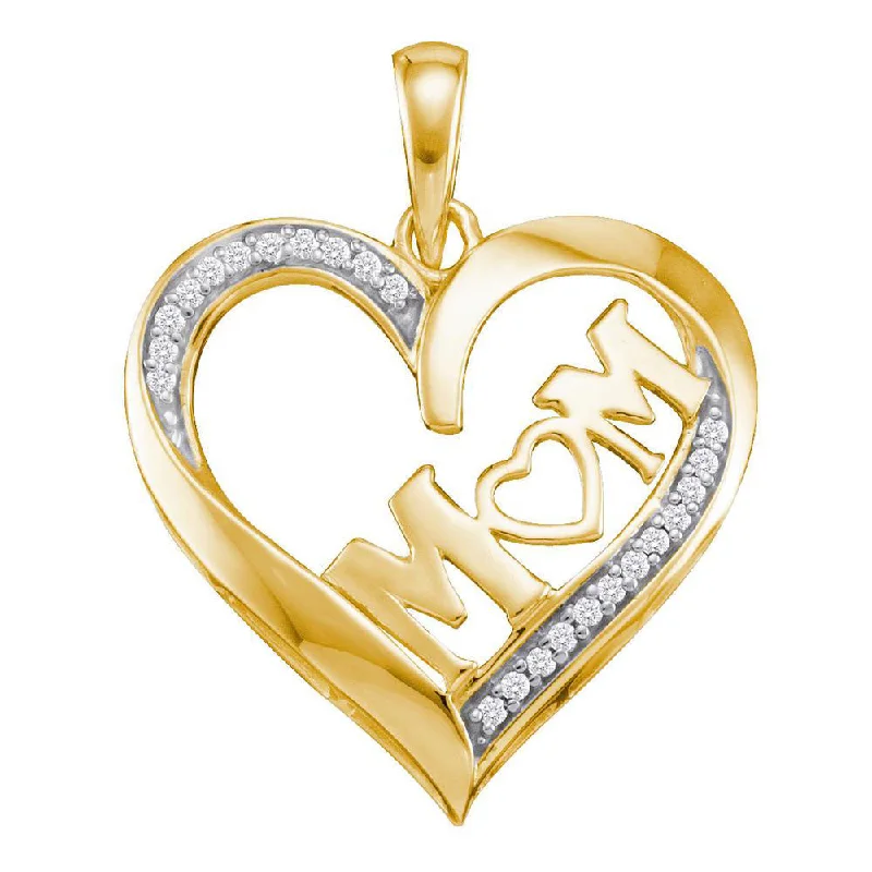 10kt Yellow Gold Womens Round Diamond Heart Mom Mother Pendant 1/12 Cttw