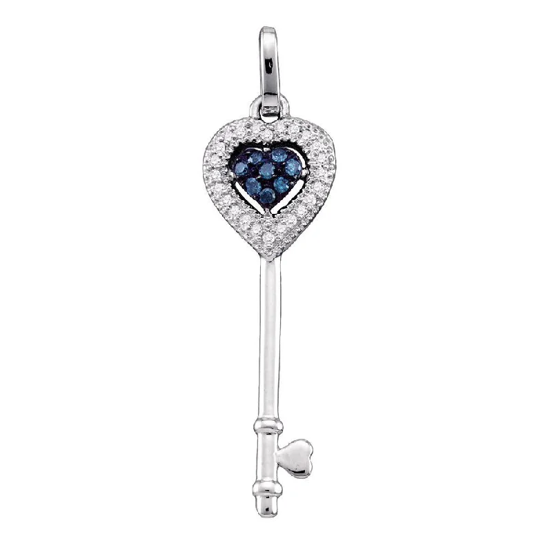 14kt White Gold Womens Round Blue Color Enhanced Diamond Key Love Pendant 1/10 Cttw