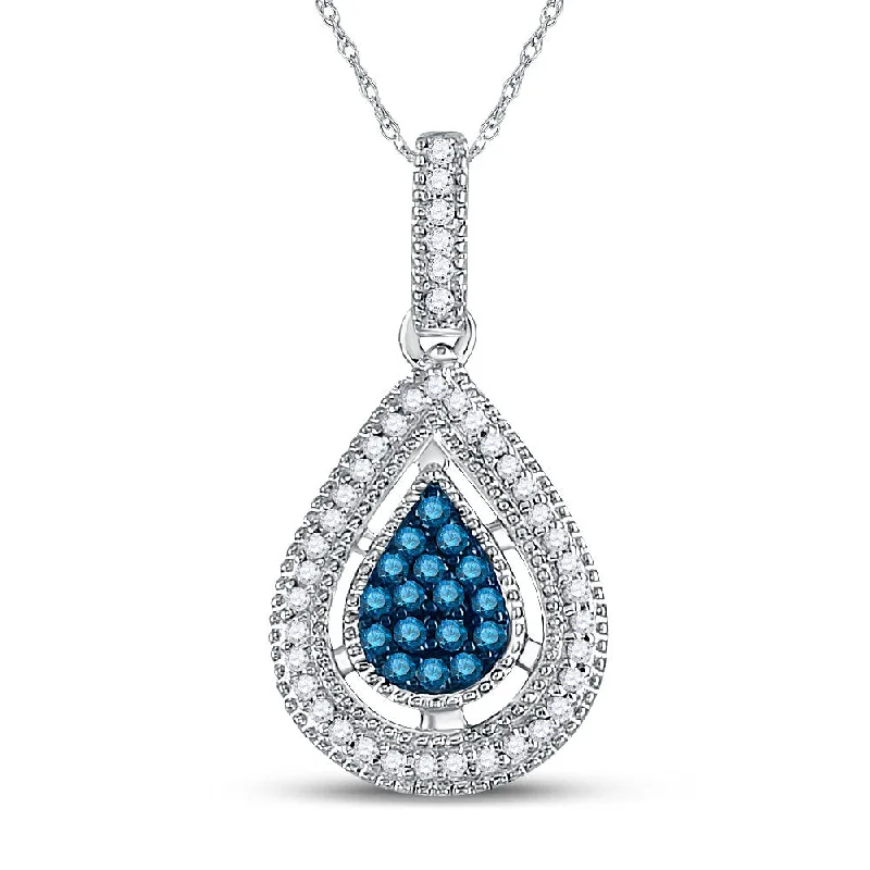 14kt Yellow Gold Womens Round Blue Color Enhanced Diamond Teardrop Cluster Pendant 1/5 Cttw