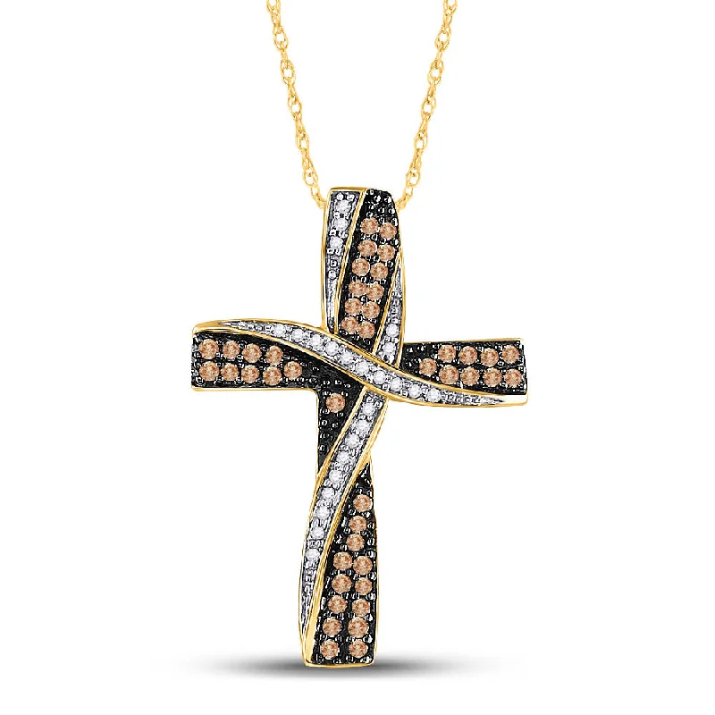 14kt Yellow Gold Womens Round Brown Diamond Bound Cross Pendant 1/2 Cttw