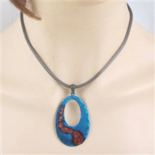 Blue Patina Pendant Necklace On Gunmetal Mesh ChaIn