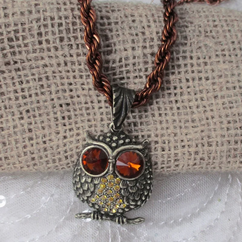 Antique Brass Owl Pendant on Copper Chain Necklace