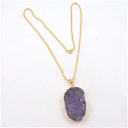 Amethyst Druzy Crystal Quartz Pendant On Gold Chain Necklace