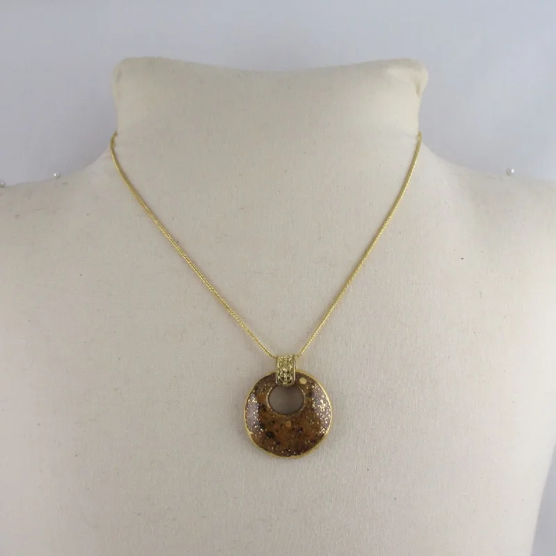 Golden Brown and Gold Kazuri Pendant on Gold Chain