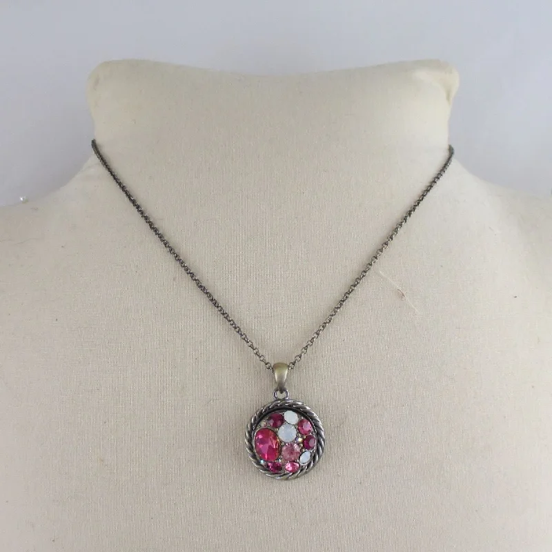 Pink Multi-stoned Crystal & Antique Brass Pendant Necklace