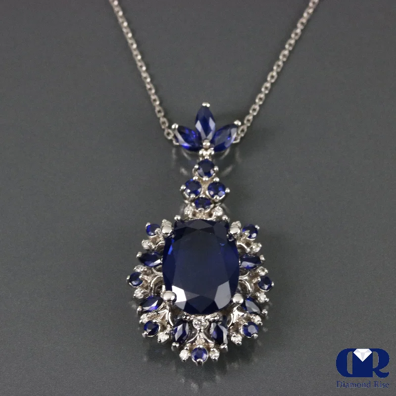 7.45 Ct Natural Oval Sapphire Pendant In 14K White Gold With 16" Chain