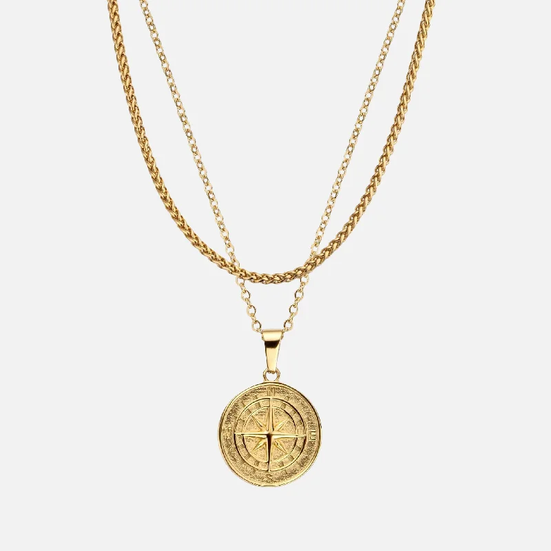 WHEAT CHAIN & COMPASS PENDANT SET - GOLD