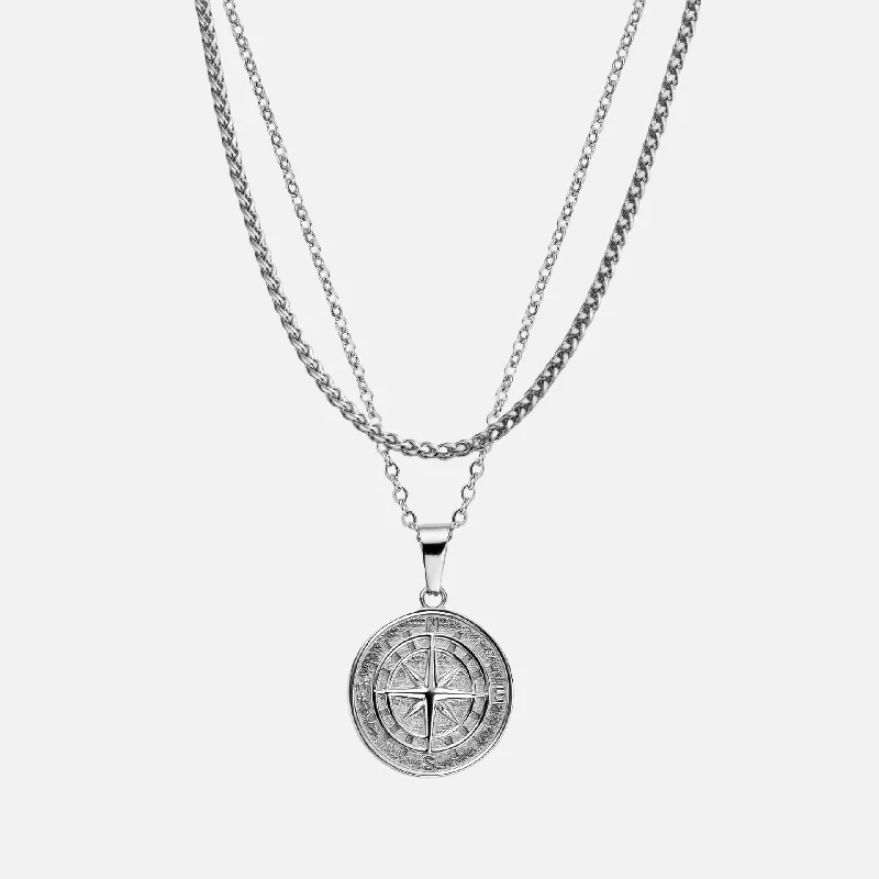 WHEAT CHAIN & COMPASS PENDANT SET - WHITE GOLD