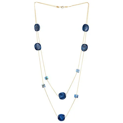 Elegant Gold Statement Necklace Two-Strand Long Chain with Blue Cube Crystal Beads and Circle Charms