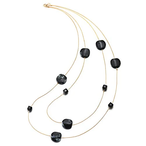 Elegant Gold Statement Necklace Two-Strand Long Chain with Blue Cube Crystal Beads and Circle Charms