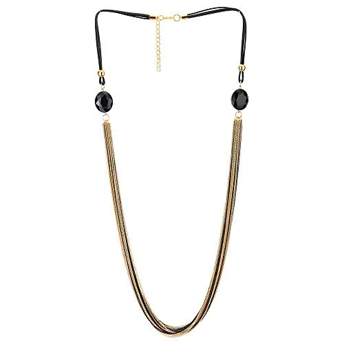 Gold Black Statement Necklace Multi-Strand Long Chains with Black Gem Stone Charms Pendant, Dress