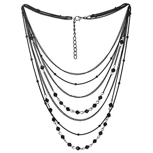 Silver Black Statement Collar Necklace Waterfall Multi-Strand Chains Gem Stone Ball Charm Pendant