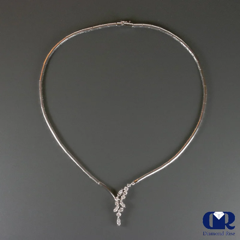 Diamond Necklace With Omega Chain In 14K White Gold