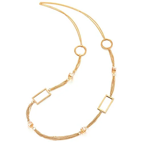 Gold Statement Necklace Multi-Strand Long Chains with Cube Crystal Geometric Rectangle Circle Charm