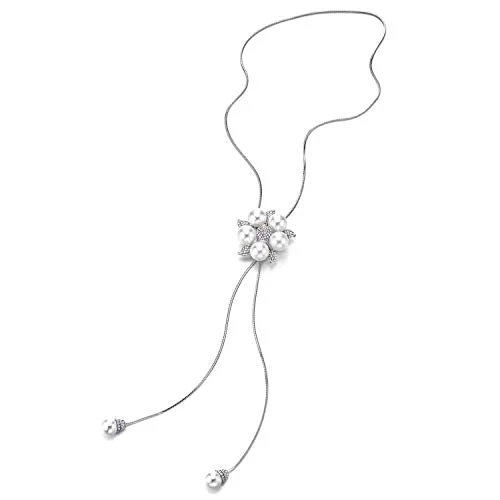 Long Chain Necklace Tassel with Rhinestones Synthetic Pearl Flower Pendant Adjustable, Elegant