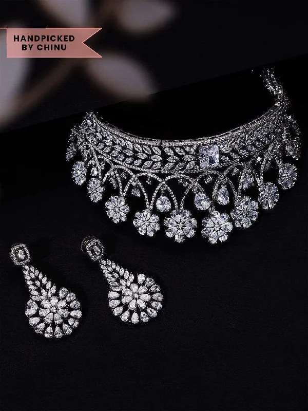 Rubans Luxury Rhodium Plated Zirconia Studded Statement Choker Necklace Set