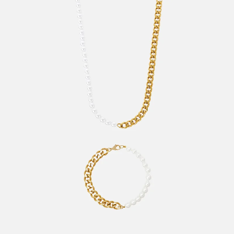 Pearl Cuban Chain Set - Gold