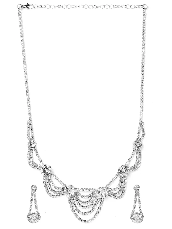 Rhodium Plated AD & Cubic Zirconia Studded Layered Statement Necklace Set