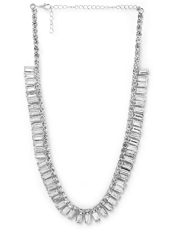 Rhodium Plated AD & Cubic Zirconia Studded Luxurious Baguette Necklace