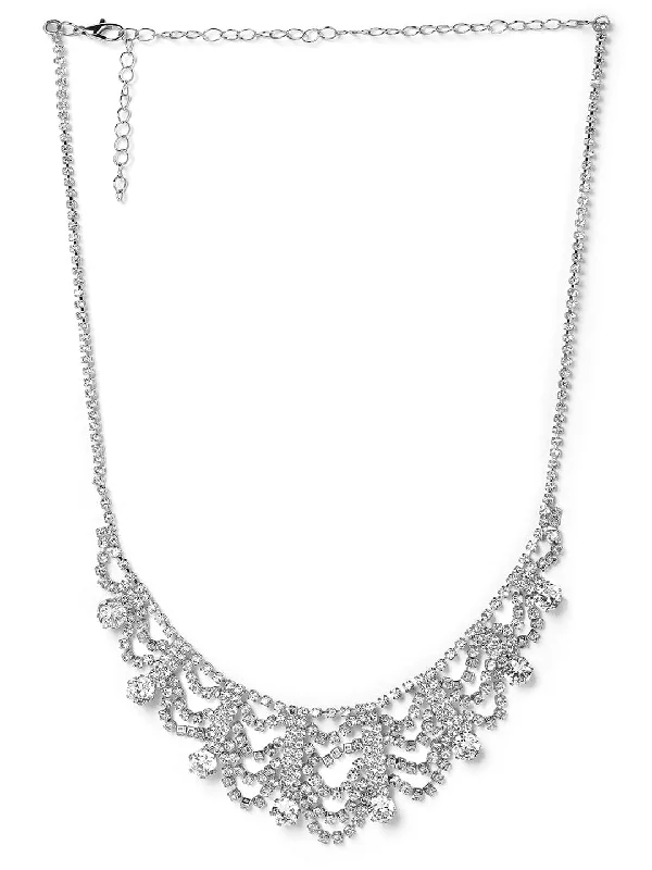 Rhodium Plated AD & Cubic Zirconia Studded Luxurious Draped Statement Necklace