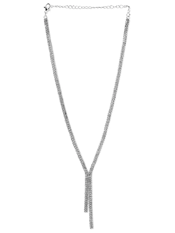 Rhodium Plated AD & Cubic Zirconia Studded Luxurious Lariat Statement Necklace