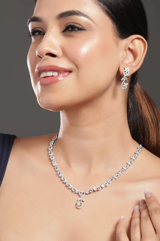 Rubans Rhodium-Plated White Cubic Zirconia Studded Leaf Motif Necklace Set