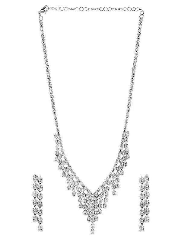 Rhodium Plated Cascading Multiple Strands AD & Cubic Zirconia Studded Necklace Set