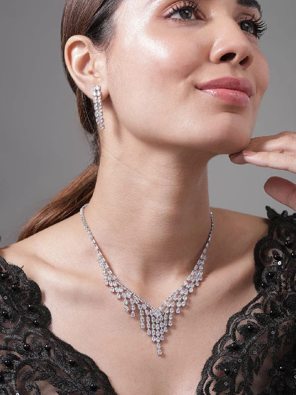 Rhodium Plated Crystal AD & Cubic Zirconia Studded Luxurious Layered Drop Necklace Set