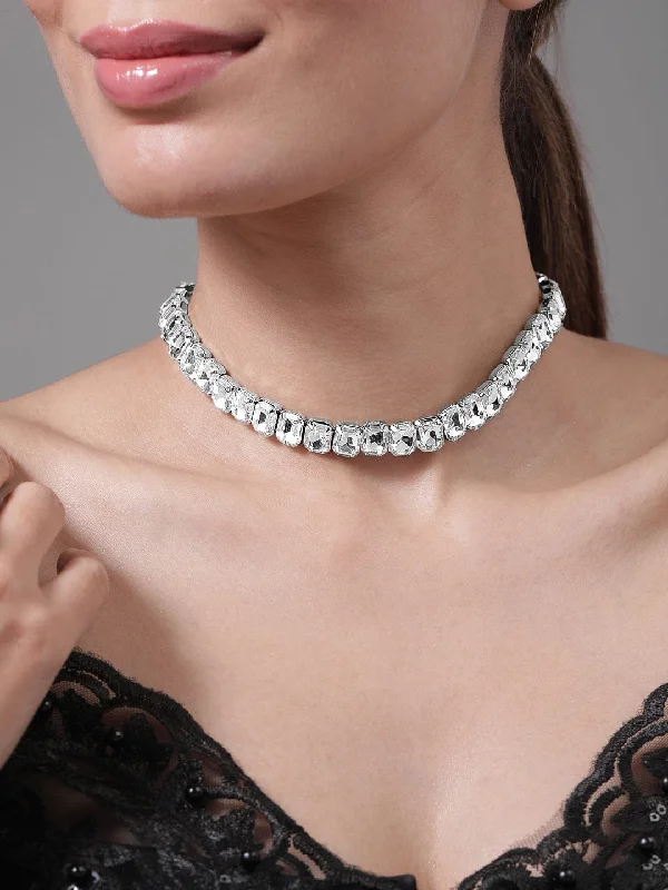 Rhodium Plated Crystal AD & Zirconia Studded Luxurious Choker Necklace