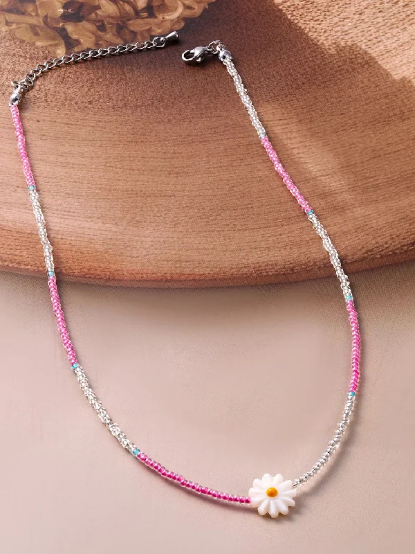 Rhodium Plated Multicolor Beaded Necklace with Daisy Flower Pendant